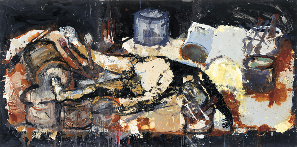 Palette, huile et collage sur toile 197X390 cm, 2003.Collection privée.