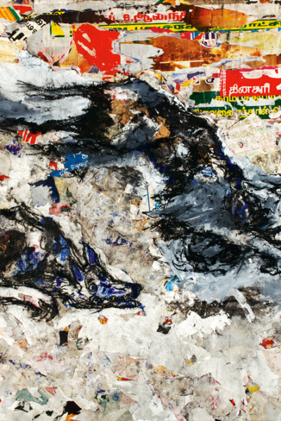 La fuite, huile sur toile et collage 197X130cm, 2005.